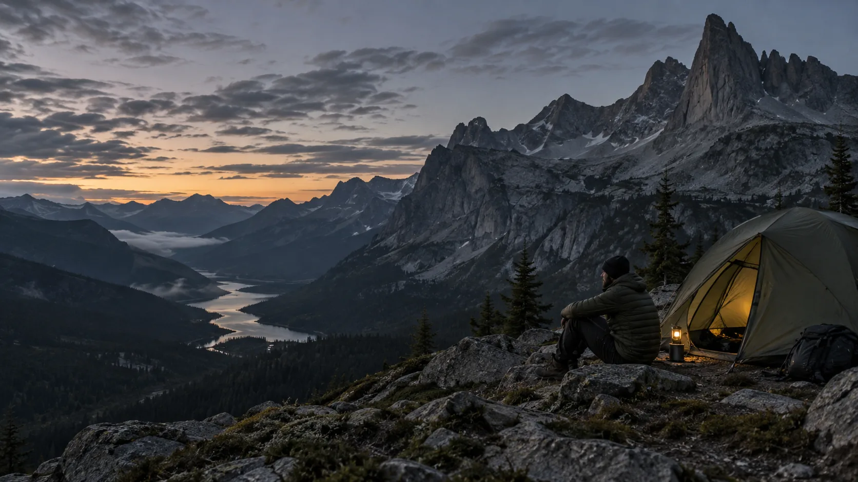 A campsite overlooking an alpine lake and mountain peaks at dusk.