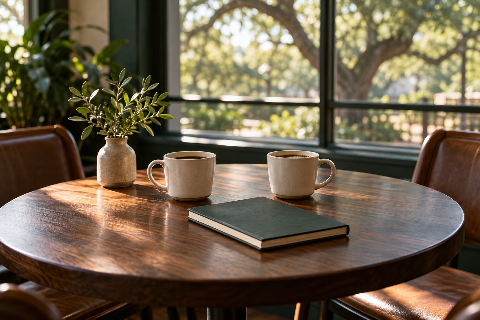 Two coffee cups and a notebook on a cafe table.