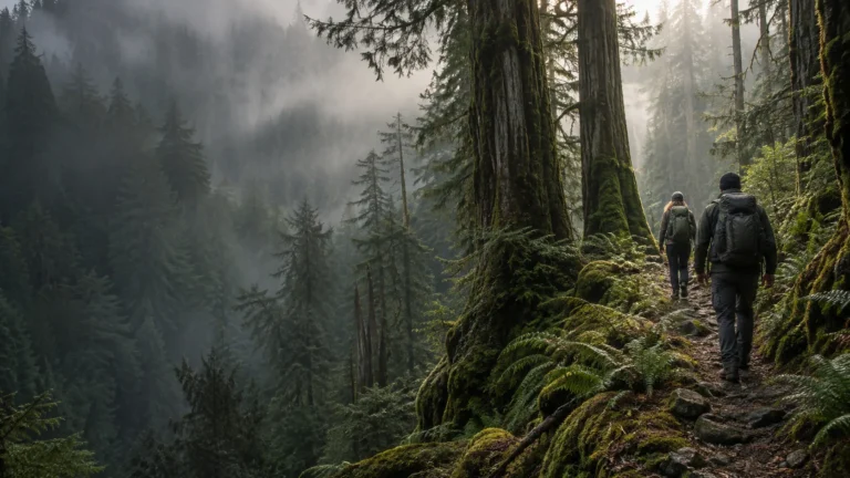Hikers following a trail through a misty evergreen forest