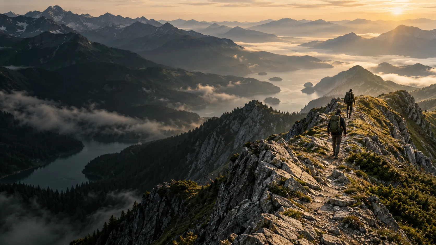 Hikers following a mountain ridge above a lake at sunrise.